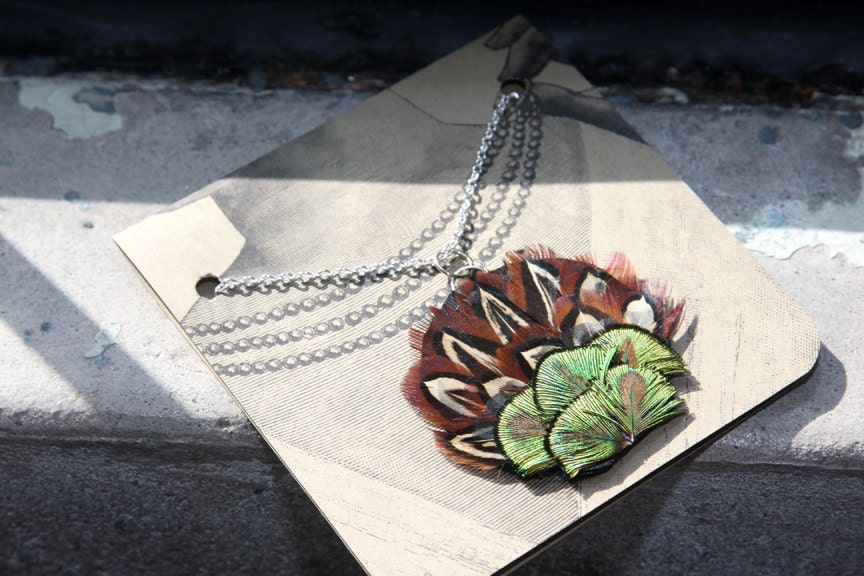 Lovely Peacock and Pheasant Feather Fan Necklace