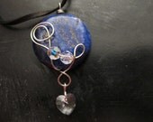 Night Sky Necklace:silver wire wrapped blue stone pendant with Swarovski crystal heart