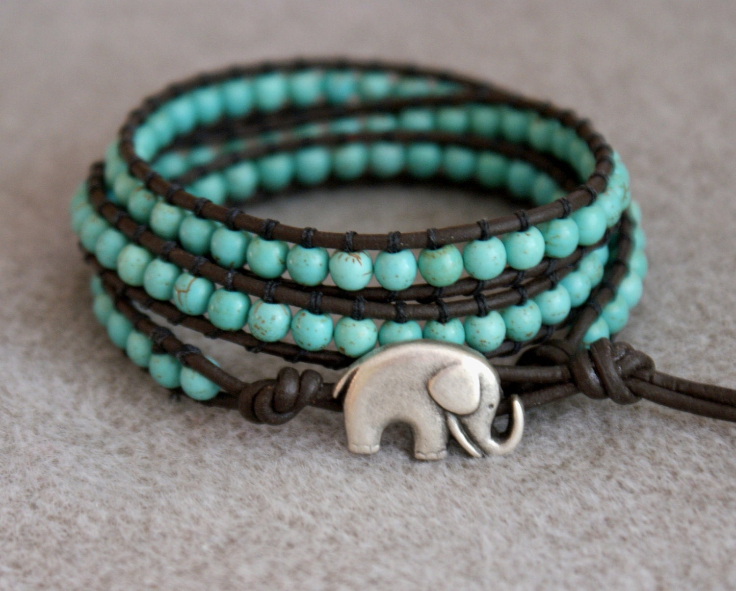 Turquoise magnesite boho beaded leather wrap bracelet, Good Luck elephant, 3 x Wrap bracelet, Chan Luu Style