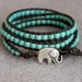 Turquoise magnesite boho beaded leather wrap bracelet, Good Luck elephant, 3 x Wrap bracelet, Chan Luu Style