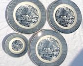 9 Currier and Ives Americana blue and white china plates berry bowls