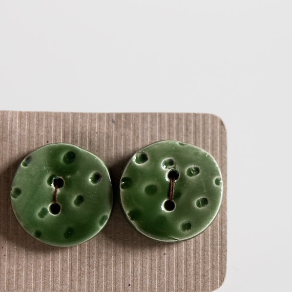 handmade ceramic buttons. dotted, medium, round, bottle green. unique handcrafted needlecraft supplies. set of 2.