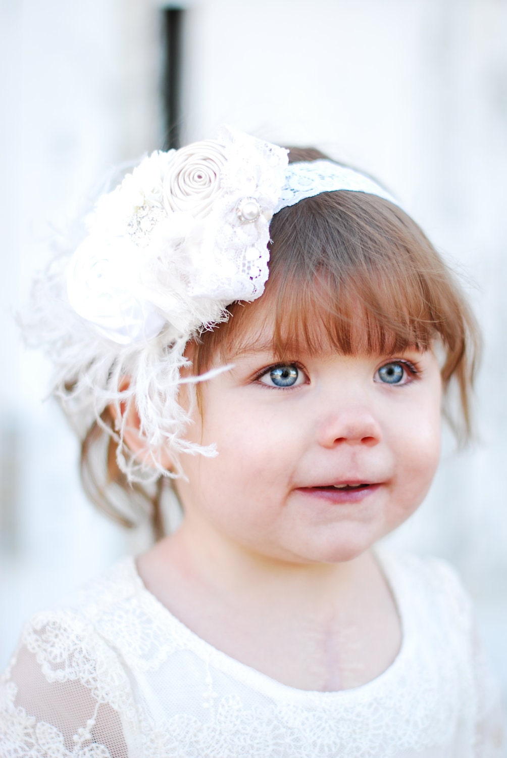 The Lily Flower Headband, Baby Headband, Headband, Girl Headband, Cream and White Rosettes with Silk, Chiffon Flowers and Lace Bow