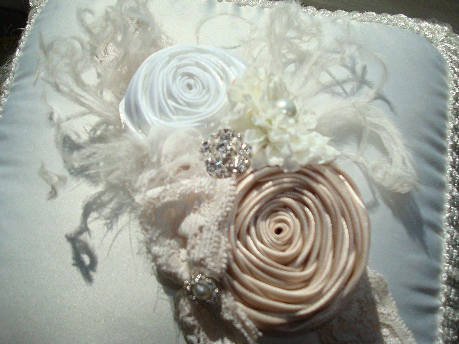 The Lily Flower Headband, Baby Headband, Headband, Girl Headband, Cream and White Rosettes with Silk, Chiffon Flowers and Lace Bow