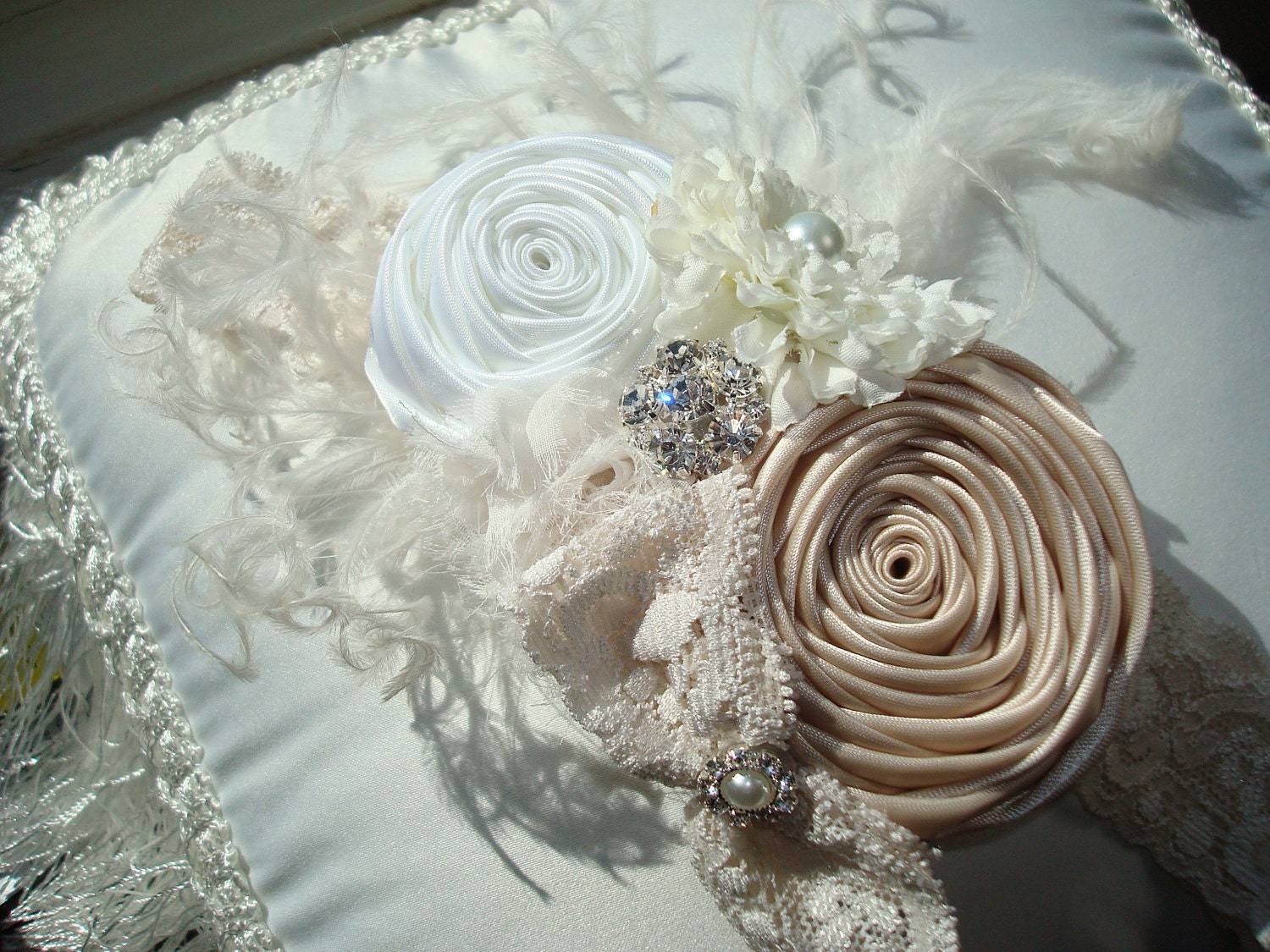 The Lily Flower Headband, Baby Headband, Headband, Girl Headband, Cream and White Rosettes with Silk, Chiffon Flowers and Lace Bow