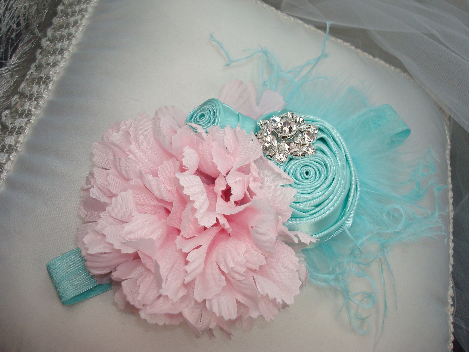 Baby Flower Headband,Aqua Baby Headband, Photo Prop, Headband, Children / Aqua Rosettes and Pink Silk Flower with Aqua Ribbon Headband