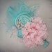Baby Flower Headband,Aqua Baby Headband, Photo Prop, Headband, Children / Aqua Rosettes and Pink Silk Flower with Aqua Ribbon Headband