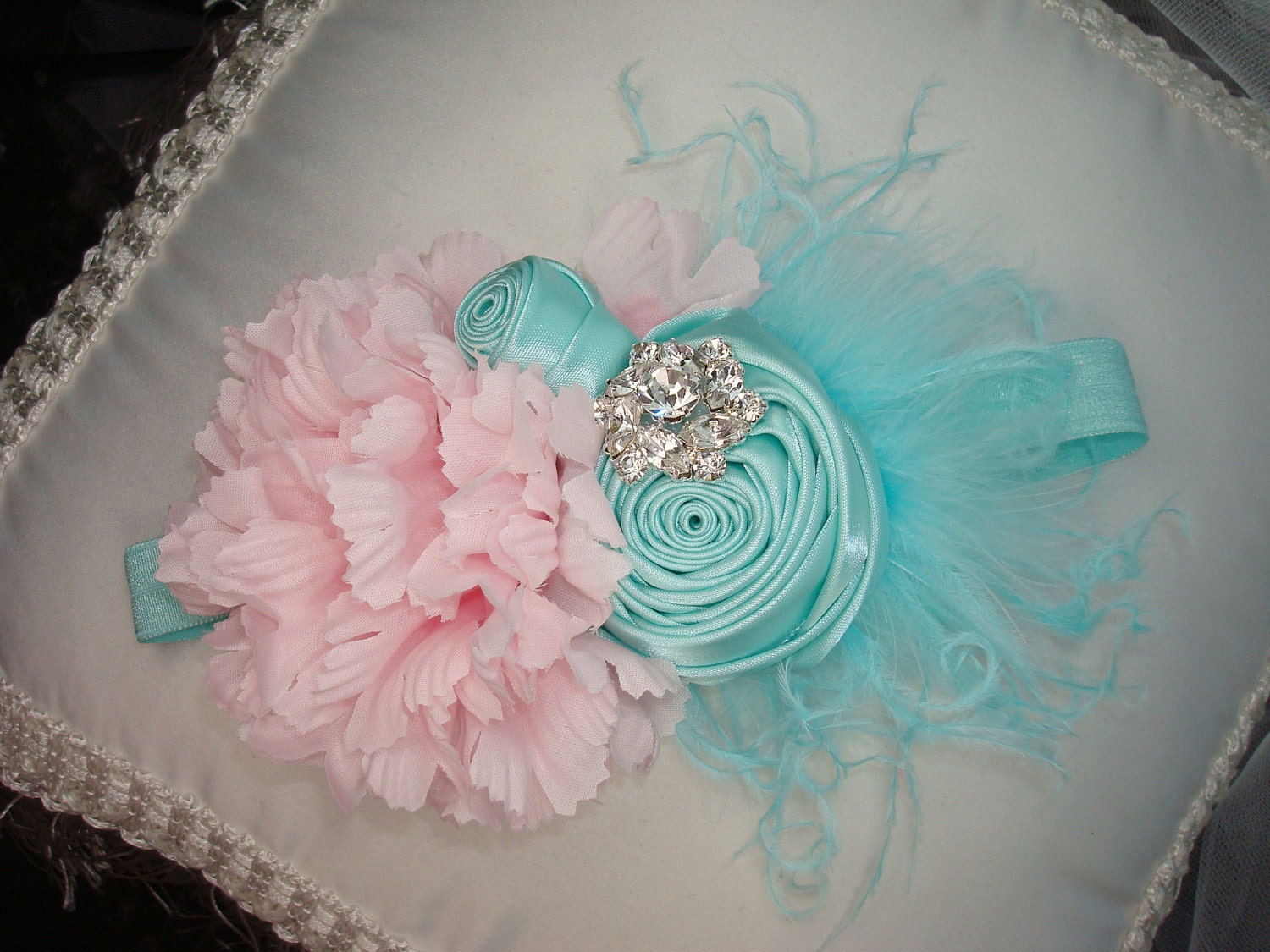 Baby Flower Headband,Aqua Baby Headband, Photo Prop, Headband, Children / Aqua Rosettes and Pink Silk Flower with Aqua Ribbon Headband