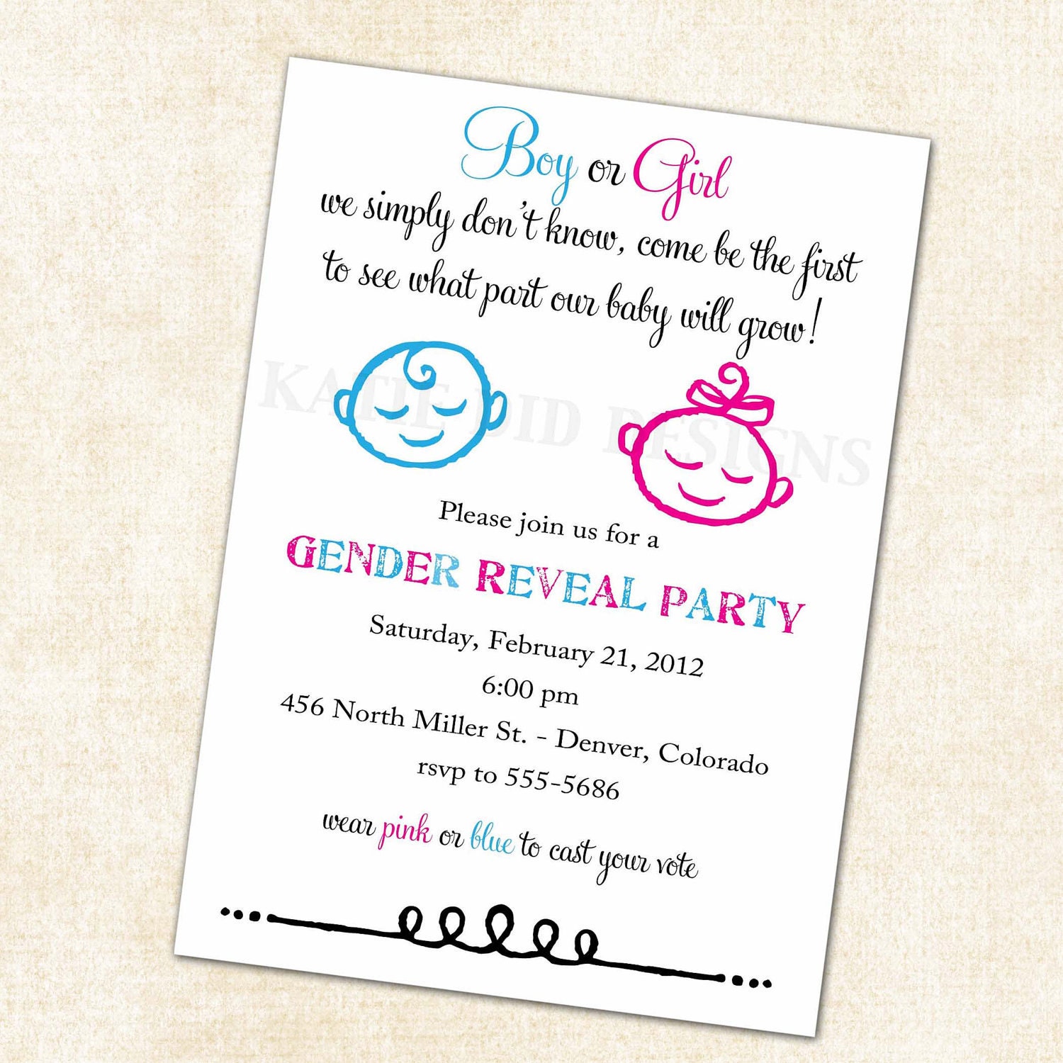 Gender reveal invitation with baby doodles, pink and blue owl baby shower invitation digital, printable file (item 1428)