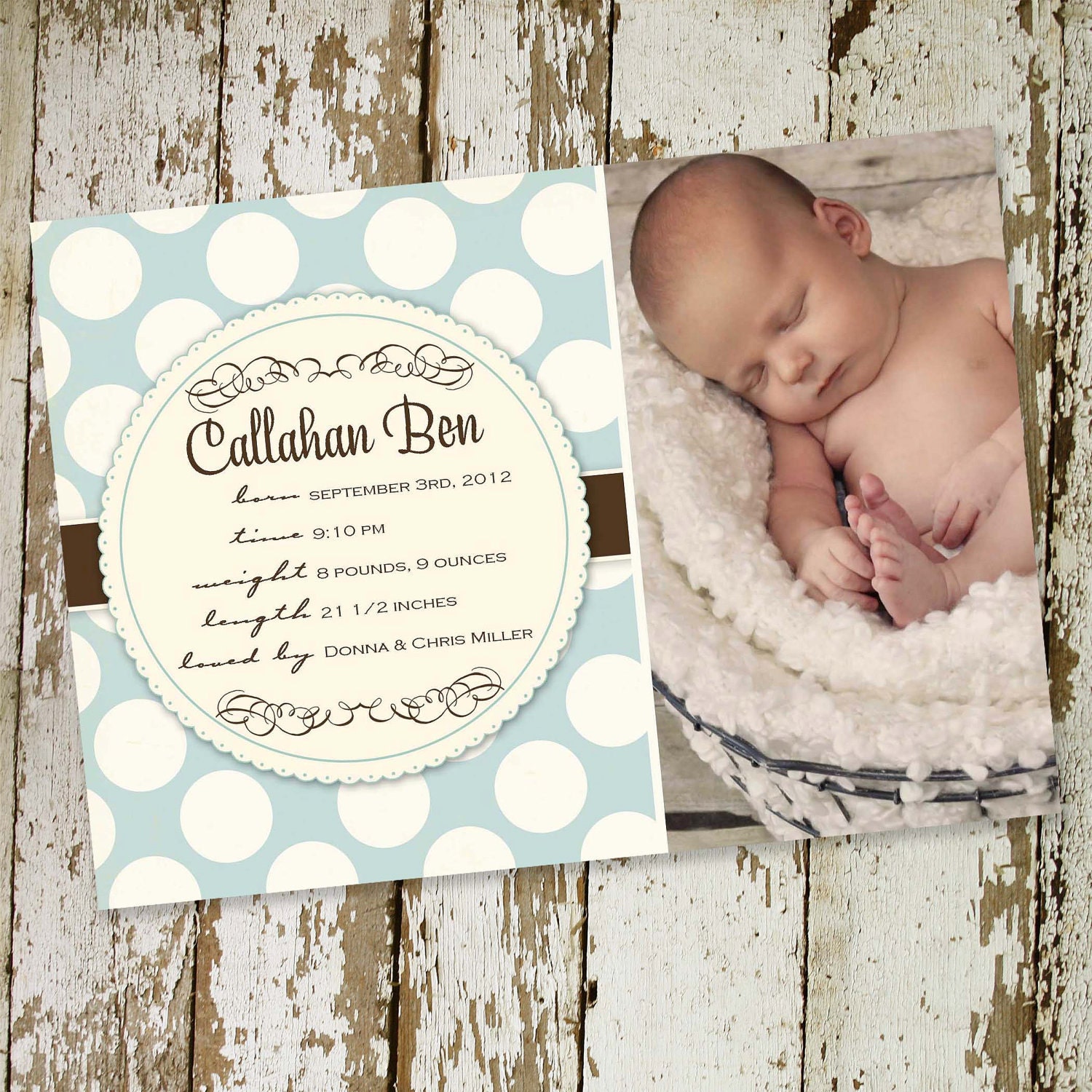 boy birth announcements with photo and polka dots, digital, printable file (item 428)