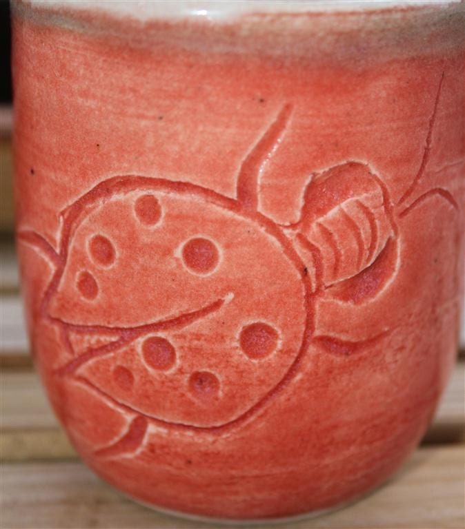 Wheel Thrown Stoneware Hand Carved Lady Bug Cup, Pencil Holder