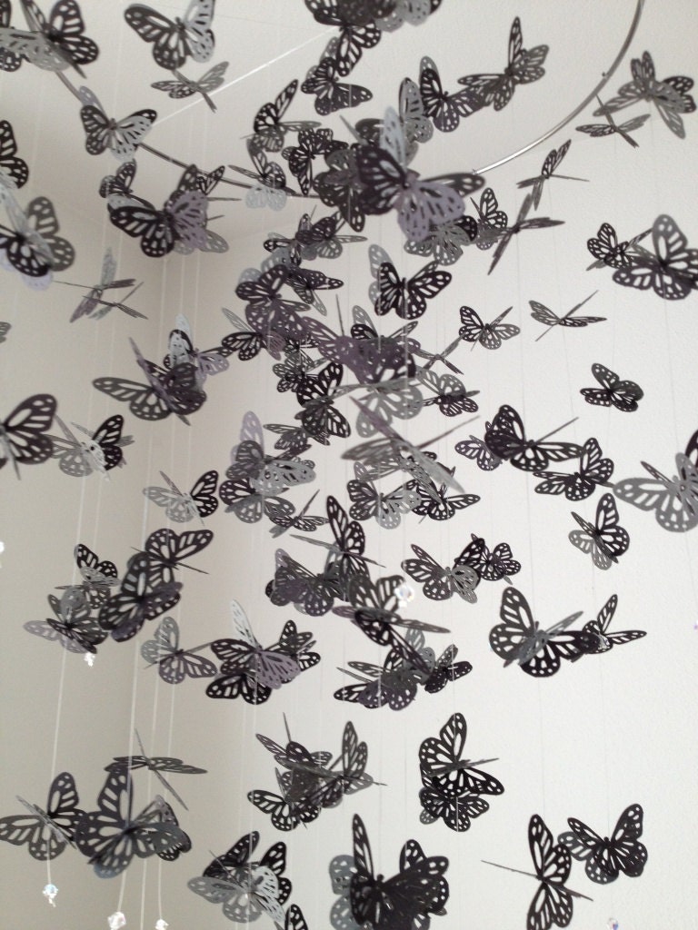 Monarch Butterfly Chandelier  Mobile - Black Grey Night