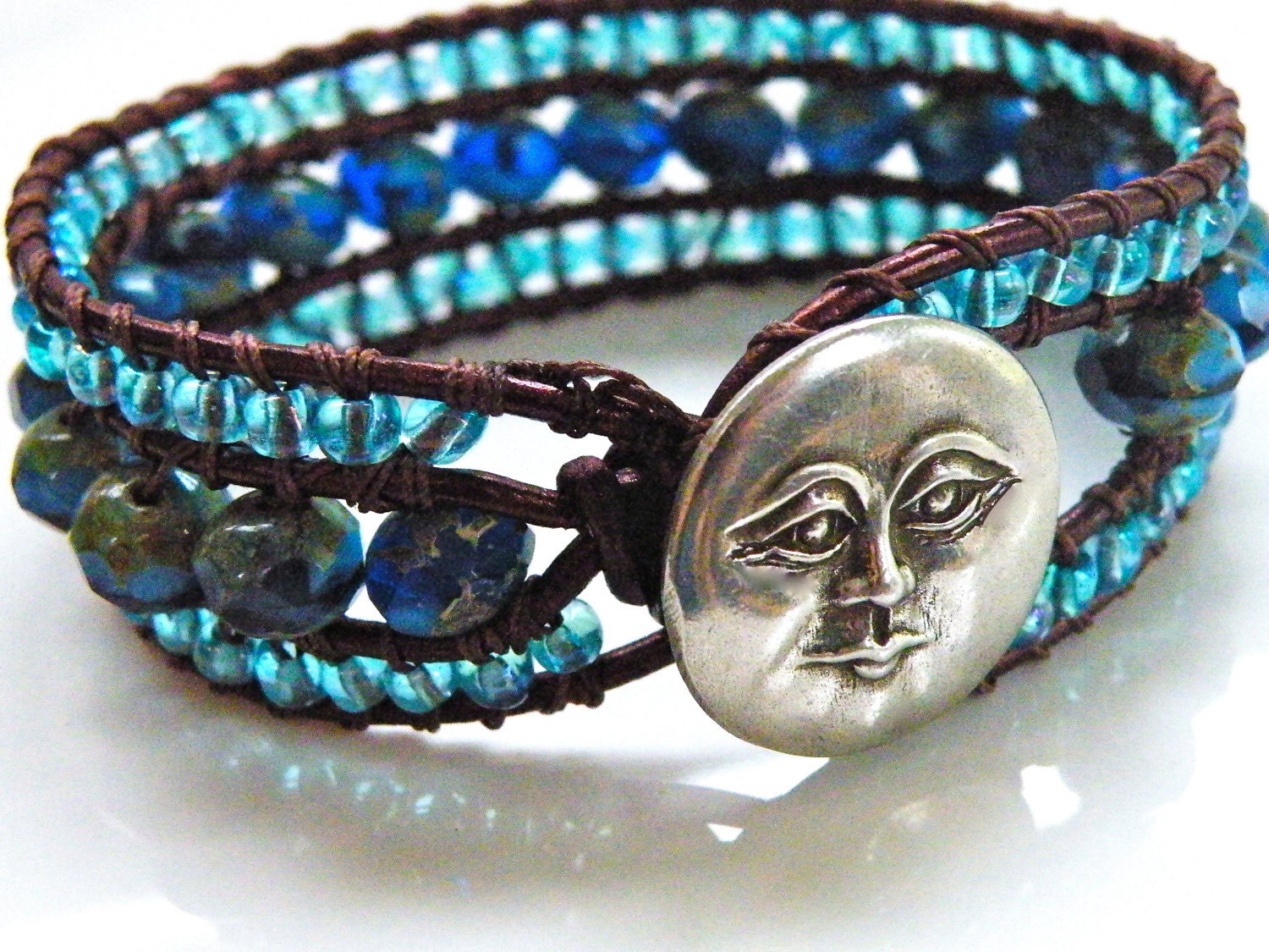Beaded Leather Wrap Cuff Bracelet with Premium Czech Beads and Blue Moon - GloryGift