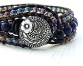 Boho Midnight Plum Beaded Leather Wrap Cuff Bracelet with Dark Violet and Iridescent Purple Beads/ Free Shipping/ Modern Twilight Boho Chic