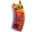 Cat brooch ELISA - Unique Art Brooch - polymer clay kitty, orange yellow red, chat - OOAK - Chifonie