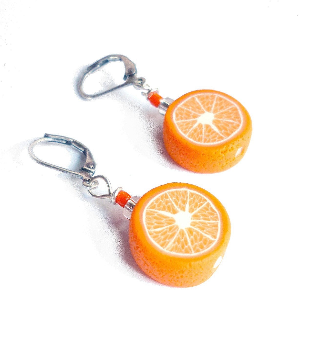 ORANGE SLICES dangle earrings - polymer clay - orange white millefiori