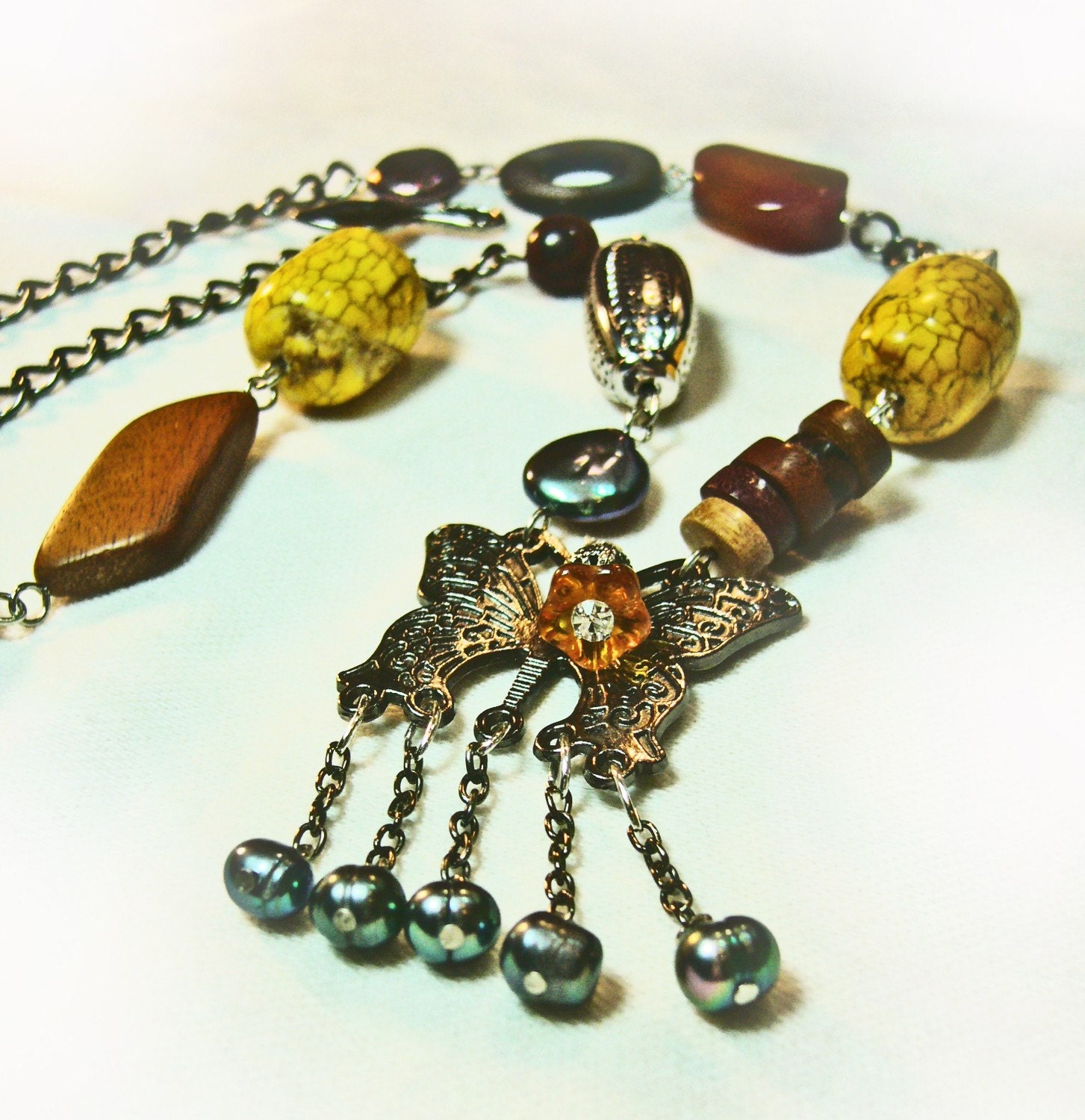 Iron Butterfly Pendant Necklace: Black Freshwater Pearls, Dark Chain, Golden Howlite, Butterfly, Upcycled Wood Beads, Statement Necklace