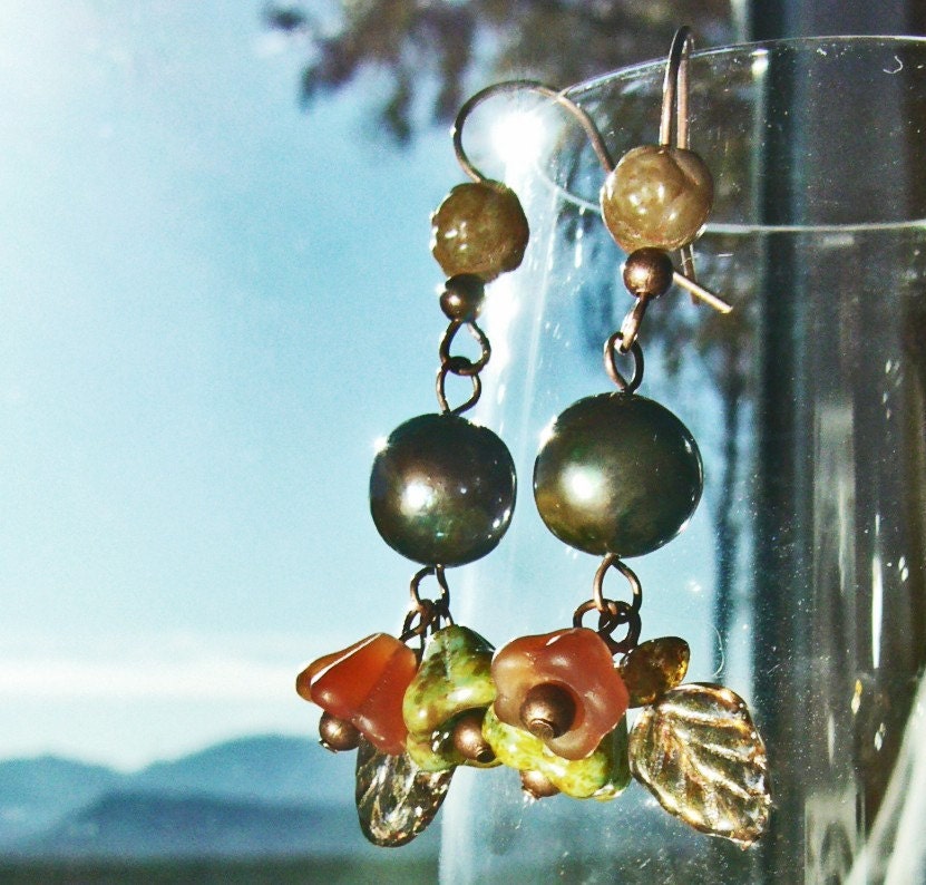 Earth Toned Floral Fresh Water Pearl Earrings