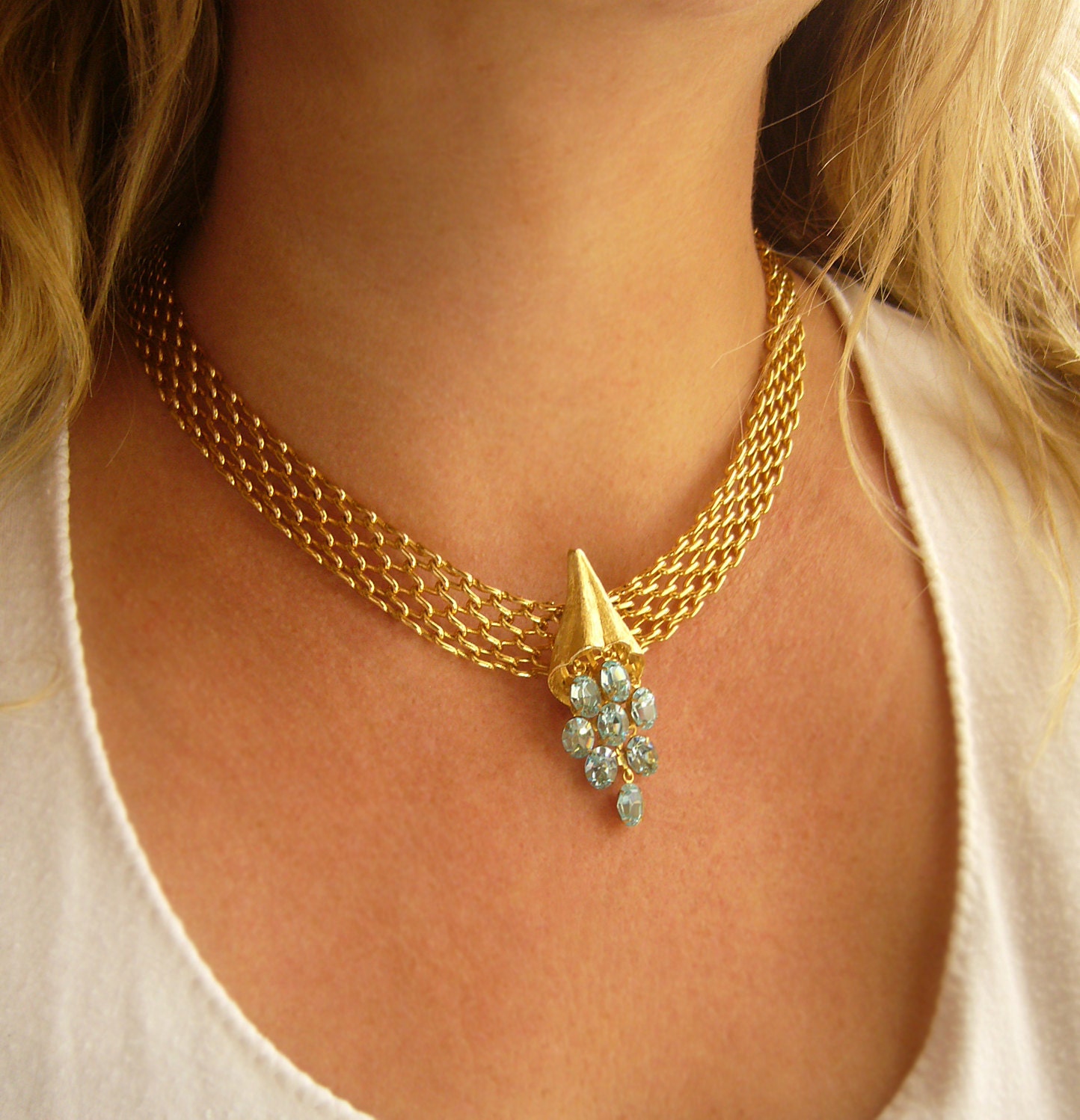 Upcycled Aquamarine Crystal Chain Maille Necklace, 1950s-60s Styling, Rockabilly, Mad Men, BBC The Hour