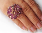 Purple Haze Crystal & Rhinestone Wire Wrapped Ring with Teardrop Crystals and Sandblasted Flower Beads, Adjustable Band