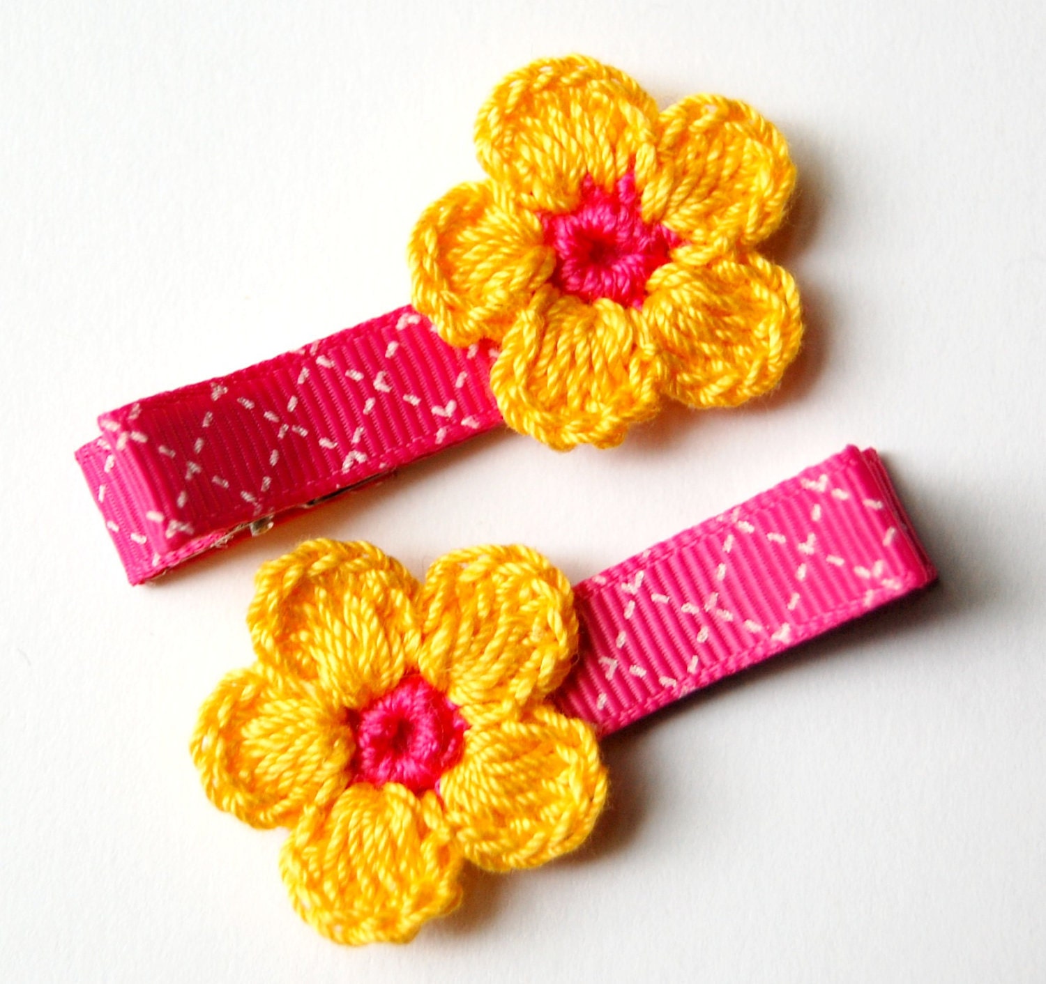 Pink and Yellow Crochet Flower Hair Clips Set of 2,Girl, Baby, Toddler, Children clippies