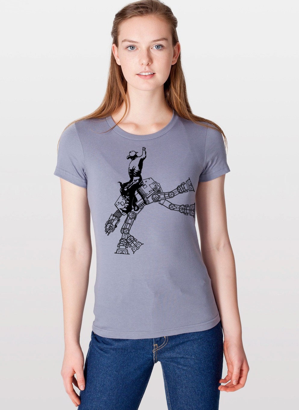 Womens star wars AT AT cowboy on womens shirt- american apparel slate gray, available in s,m, l, xl, WorldWide Shipping