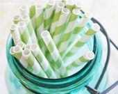 25 Pastel Green Striped Paper Straws/ Party Straws/ Wedding Straws- Printable DIY Flags Included