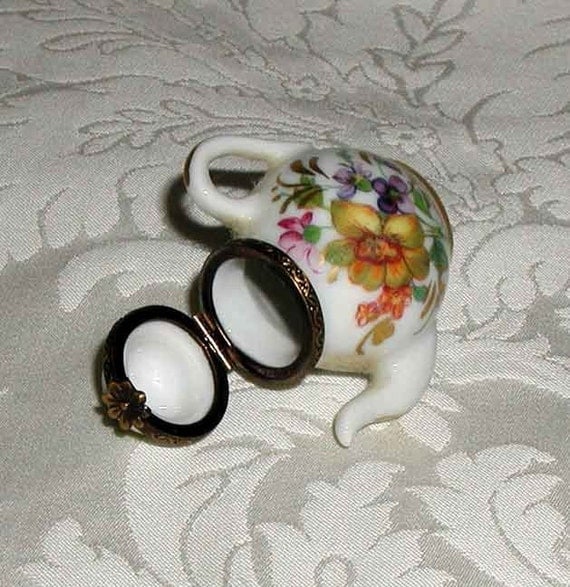 Limoges White Hand Painted Floral Miniature Teapot Trinket Box