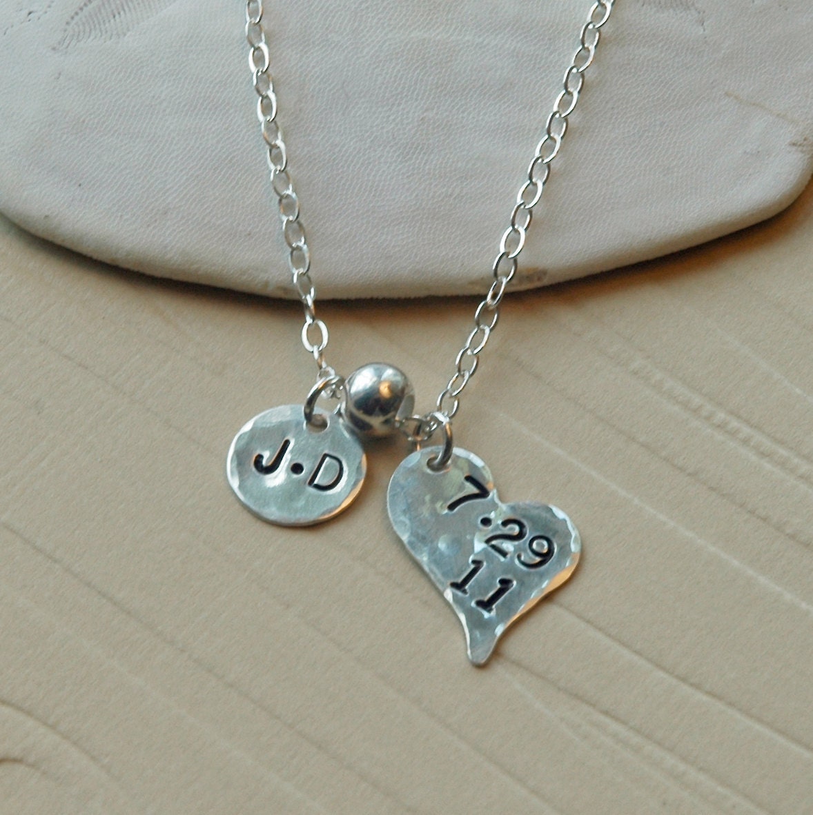 Hand Stamped Initial Necklace, Heart Necklace, Personalized Mothers Necklace, Wedding Date, Keepsake Jewelry, Engagement Gift