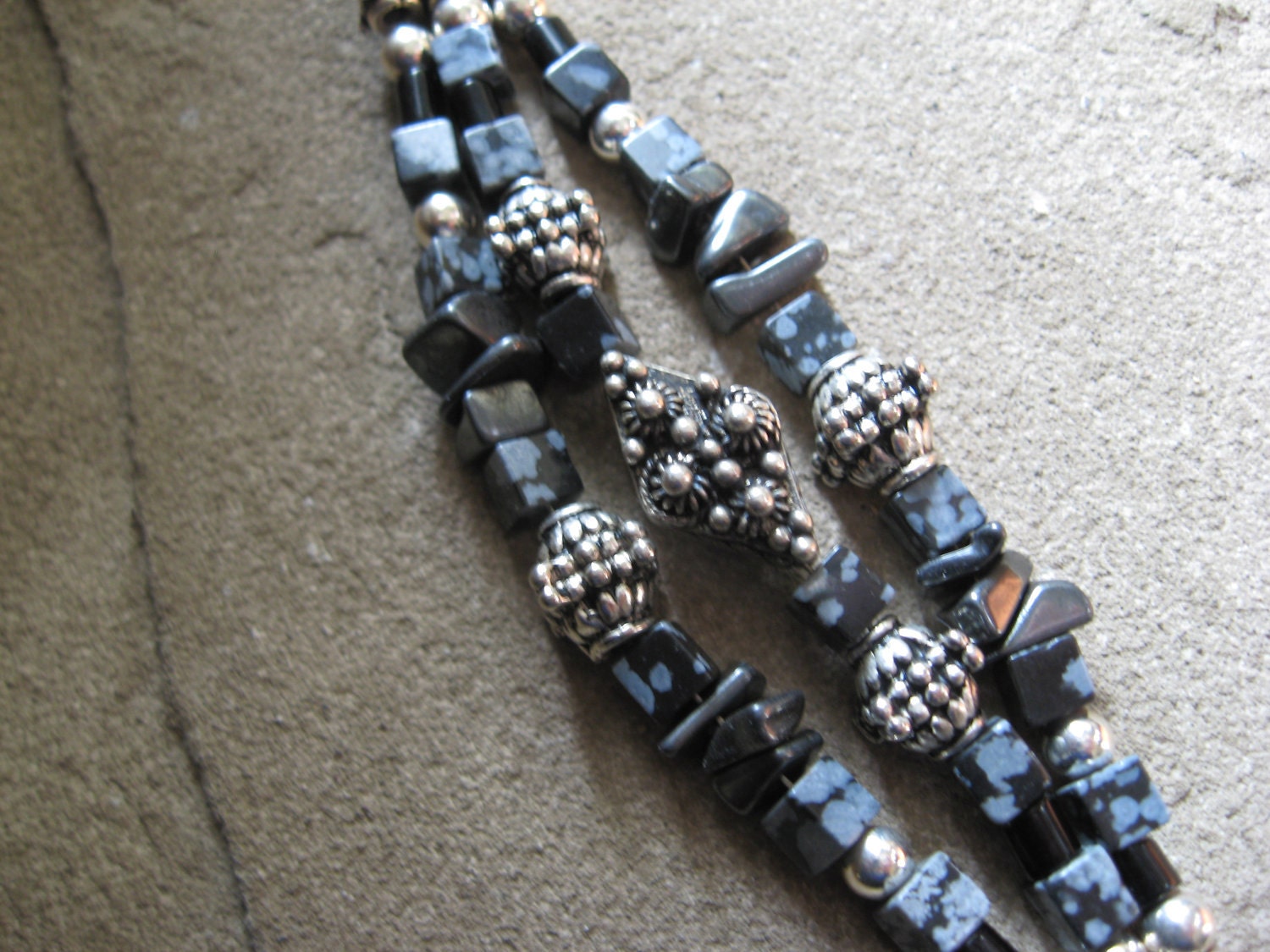 Southwestern Black Snowflake Obsidian Stylish, multistrand flare bracelet