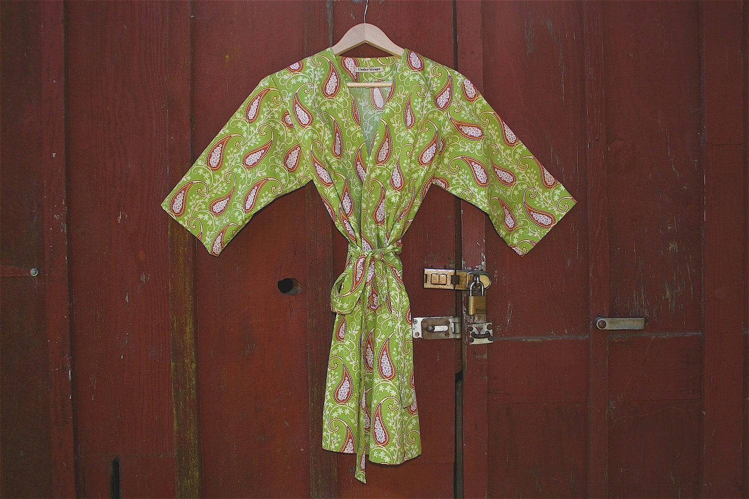 Womens Robe. Dressing Gown. Wrap. Green and Pink Paisley.  Mid Calf Length.
