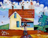 mixed media, original painting, landscape painting, painting of house, oil painting, edward hopper house, spring, springtime