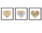 3 Personalized Map Art Wall Decor Prints - Wedding Gift Anniversary Gift - Custom Vintage Heart Map
