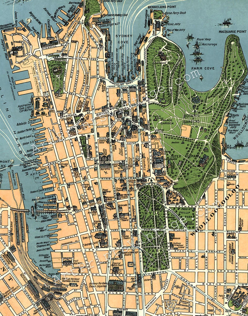 Sydney Australia Vintage Map 11 x 14 PRINT City Map Wall Decor - P244