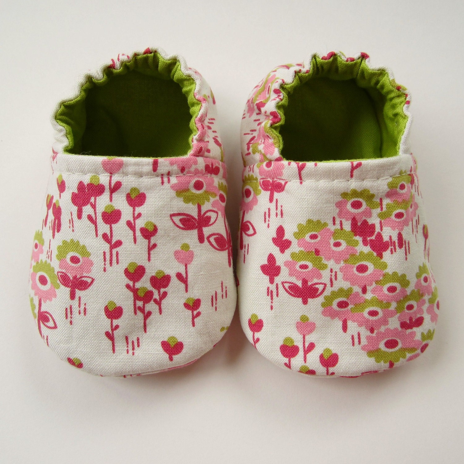 Reversible Baby Booties in White, Berry, Pink, and Lime Flowers - Sizes 1-4