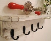 Shabby Chic-French Country-Distressed-Primitive Wall Shelf w/Mason Jar-Wall Vase w/4 Black Hooks-White