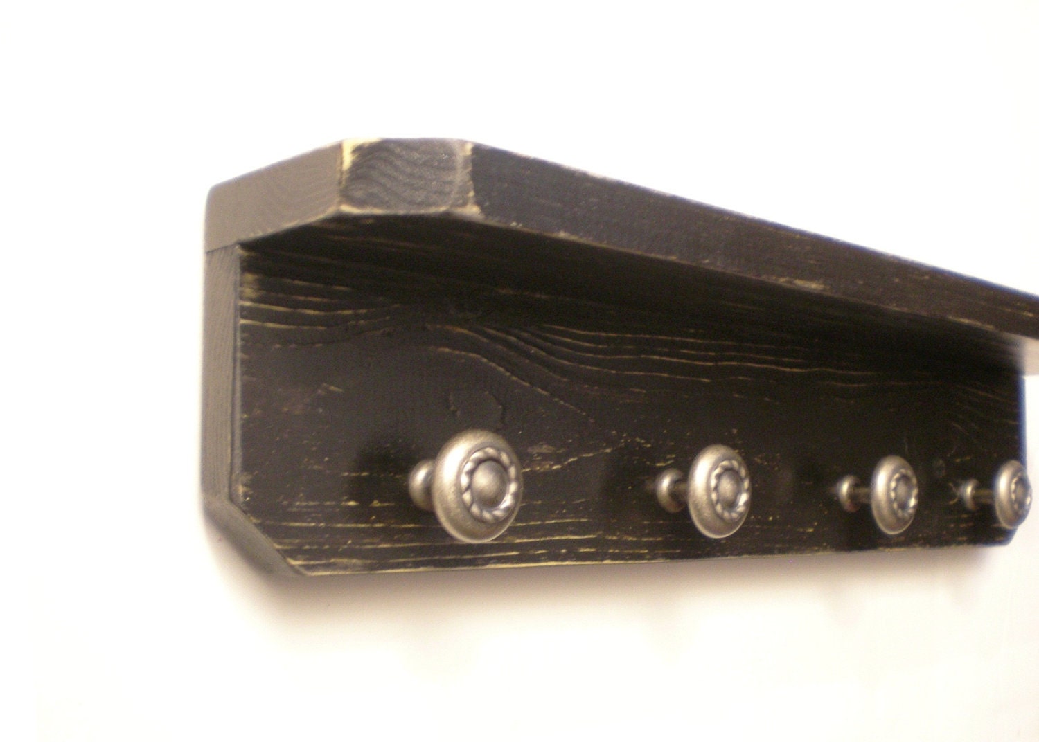 CLEARANCE KNOB Sale Distressed Primitive Wood Wall Shelf 4 Pewter Knobs, Shabby French Country -BLACK