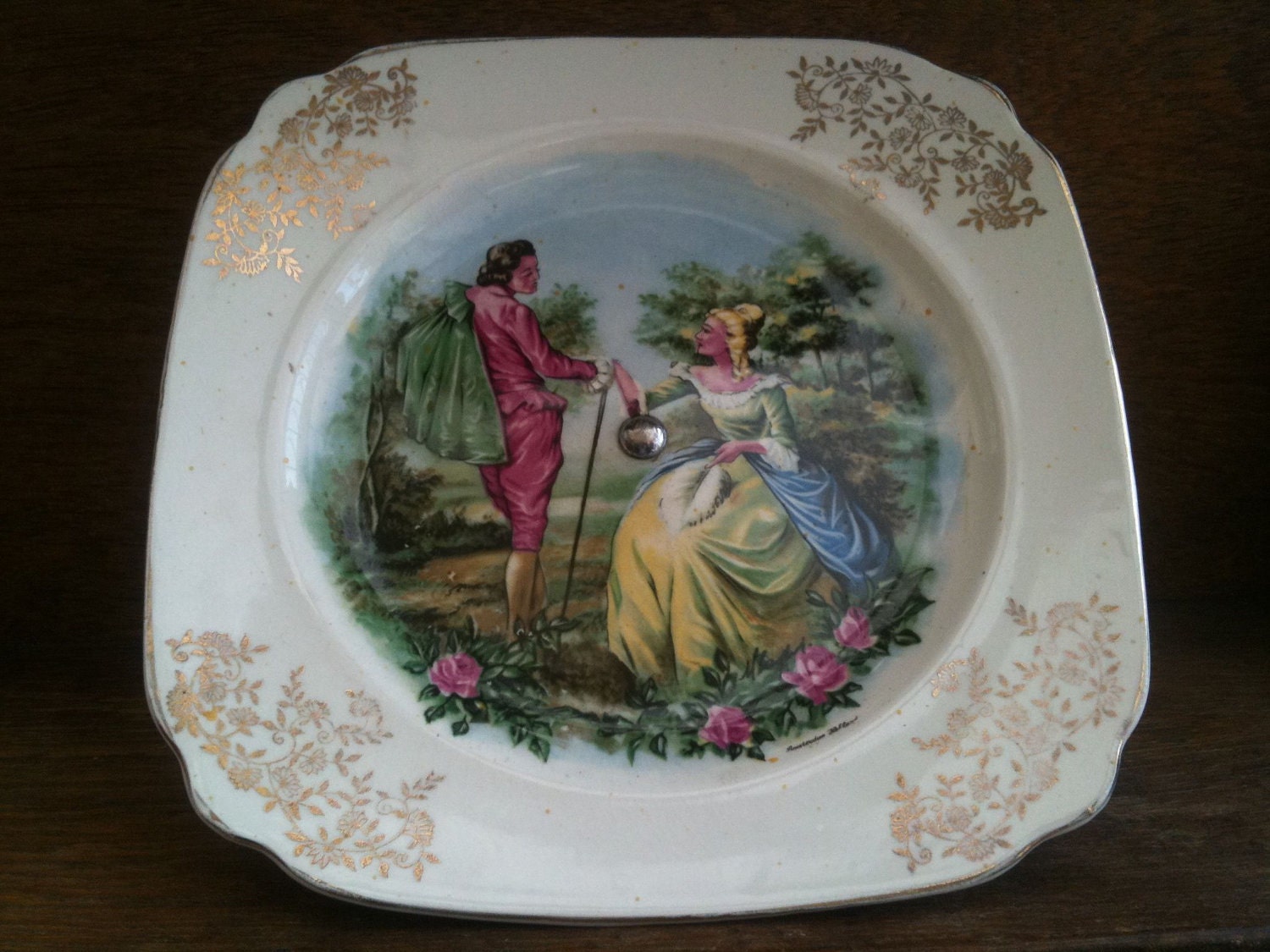 Vintage English Sandwich or Cake Plate, on Stand, with Amsterdam Holland Love Pair