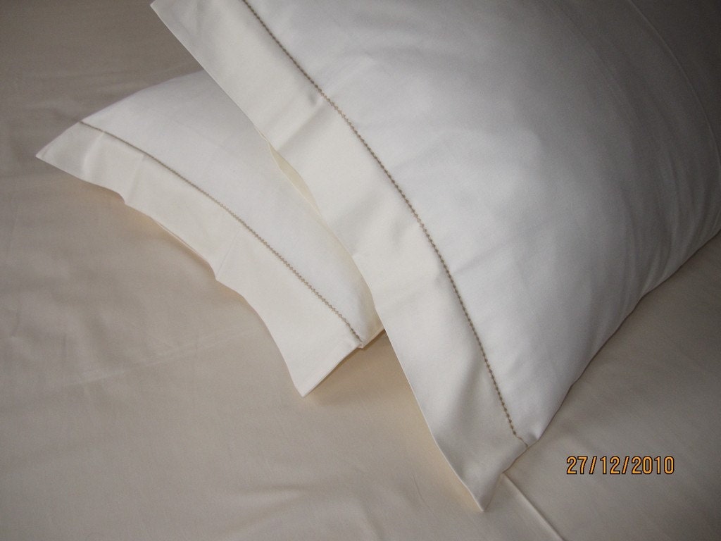 Ivory Ecru bedding Pillow cases - standard queen pillowcase - 20" x 30" embroidered embroidery - flange style