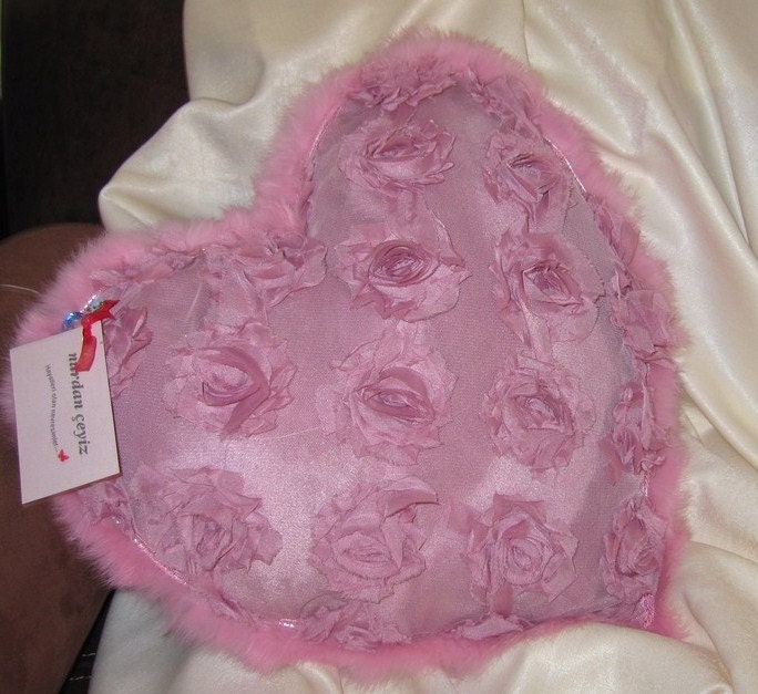 Heart Pink throw pillow Girly room decoration sexy feminine romantic images in bedroom faux fur feathery trim rose applique valentines gift