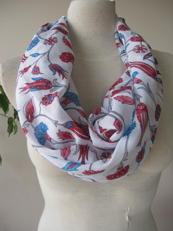 Infinity scarf cotton gauze fabric White red Turquoise tile floral circle tube long - womens scarves for woman mom mothers day gifts