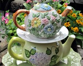 Garden Totem Centerpiece Floral Teapots - As Featured In Valley Homes & Style Magazine - GardenWhimsiesByMary