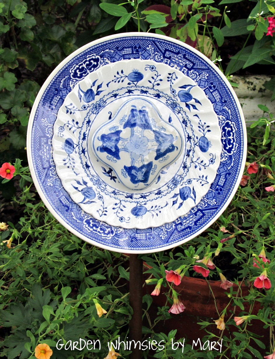 Plate Flower Blue and White Butterflies - As Featured In Valley Homes & Style Magazine - GardenWhimsiesByMary