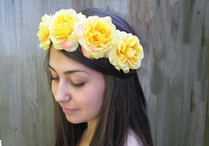 Yellow Rose Crown - Rich Yellow Rose Flower Crown - Golden, Yellow Roses, Goddess