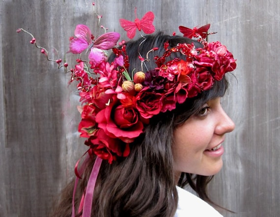 Fairy Crown - Red Rose Butterfly Flower Headress, Midsummer Night's Dream Floral Crown