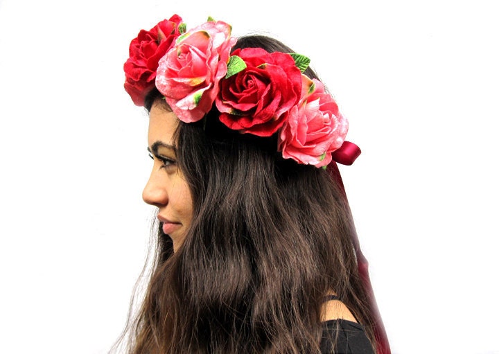 Rose Flower Crown - Raspberry Pink and Red, Velvet Rose Flower Crown. Spring Accessory, Frida Kahlo, Lana Del Ray, High Fashion