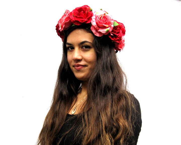 Rose Flower Crown - Raspberry Pink and Red, Velvet Rose Flower Crown. Spring Accessory, Frida Kahlo, Lana Del Ray, High Fashion