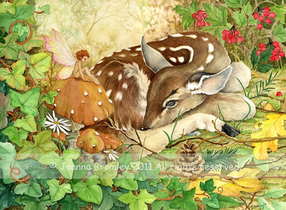 Resting Fawn -fine art print  8x10" on A4, whimsical childrens fairy fantasy illustration from original watercolor painting