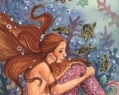 ACEO "Mermaid & Baby Turtles", 3.5x2.5", Limited Edition Print NO. 2/20, mermaid fantasy illustration