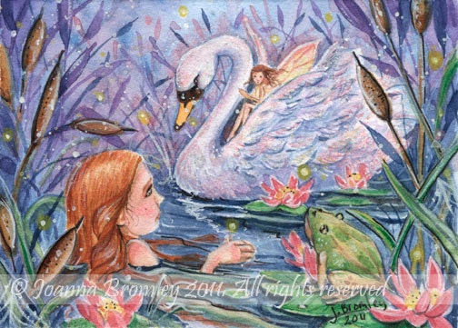 ACEO "Twilight on the Lake" enhanced, Limited Edition Print of magical fairytale scene, 2.5 x.3.5 inches